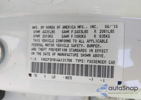 2010 Honda Accord 2.4 Ex-L из США, поврежденный, VIN 1HGCP2F81AA131758